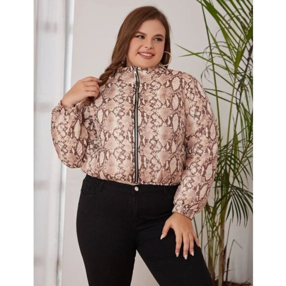 Plus Size Womens 2XL Snakeskin Cropped Print Zip Up Puffer Coat Multicolor - Picture 5 of 11